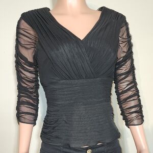 Chic Black Ruched Blouse with Sheer Sleeves